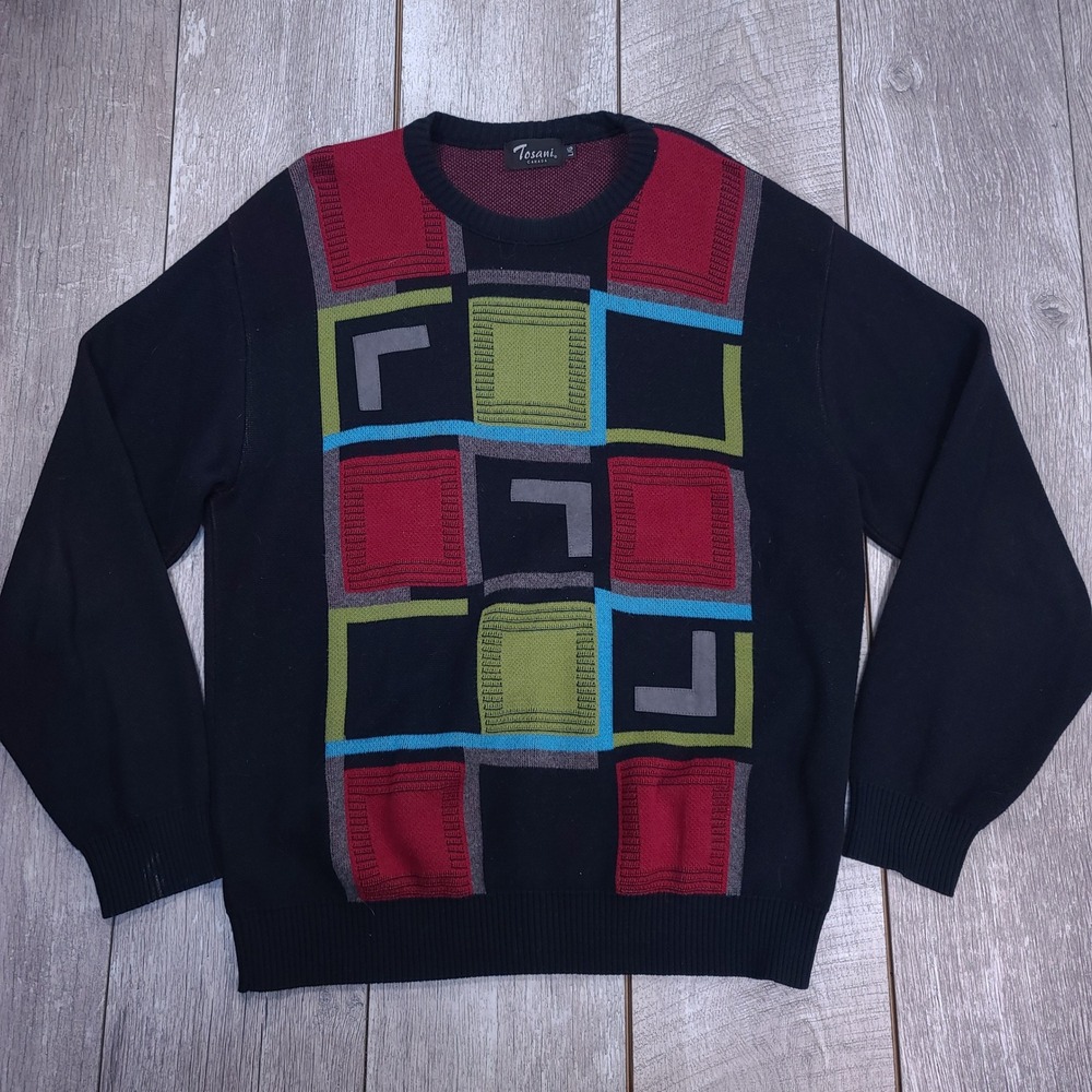 Tosani Sweater Men Large Black Geometric Colorblock Combed Cotton Knit Pullover